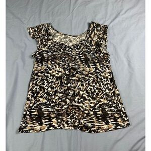 Gnu Women's Animal Print Flutter Sleeve Top Blouse Black Tan Size L Stretch Boho